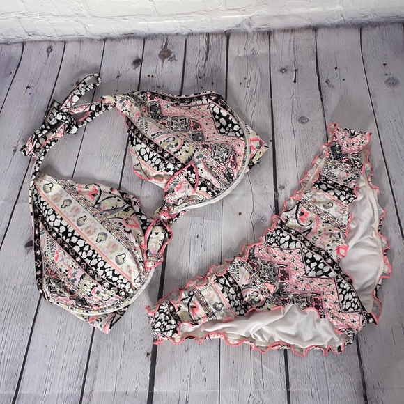 Victoria’s Secret Pink White and Black Ruffle Halter Bikini with Scrunch Bottoms